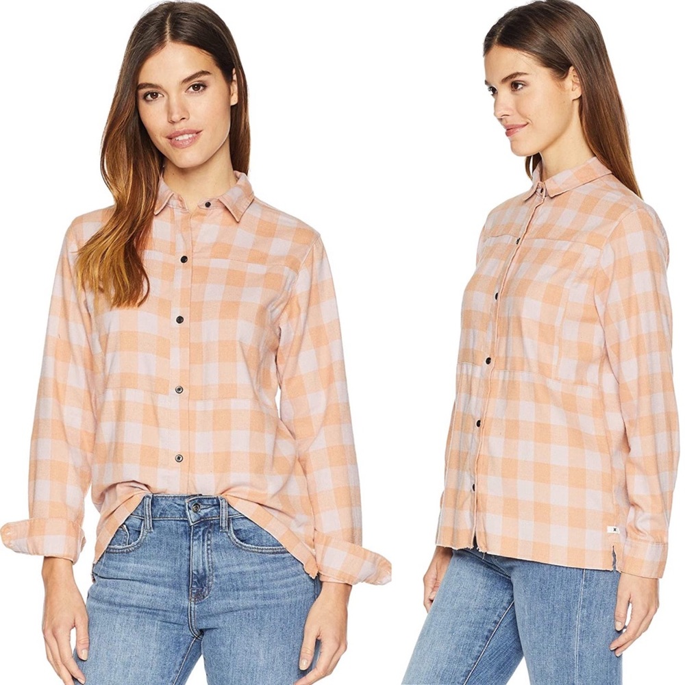 Hurley Flannel Button Up Long Sleeve Pink Orange Plaid Wilson Womens